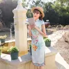 Ethnic Clothing Lady Short BLUE Satin Chinese Dress Sexy Print Flower Cheongsam Oversize 3XL Vintage Button Qipao Autumu Party Vestidos Gown