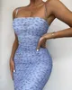 Frauen Sexy Spitze Mesh Geraffte Floral Sky Blue Verband Kleid Elegante Damen Midi Prom Promi Bodycon Party Vestido 210527