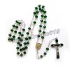 Католическое зеленое хрустальное колье розарий для мужчин женщин длинные эмаль Иисус пересекает кулон религиозные украшения