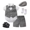 Kleidungssets 6 teile/satz Baby Jungen Baumwolle Plaid Strampler Shorts Kappe Socken Schuhe Fliege Infant Geboren Jungen Kleidung OutfitsKleidung