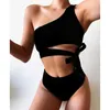 Sexy Bikini Frauen Hohe Taille Badeanzug Eine Schulter Bademode Bandeau Badeanzug Drucken Strand Tragen Solide Biquini Set Weibliche 210629