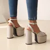 2022 Nieuwe stijl dame suède dames leer 14 cm dikke hoge hak sandalen solide 6 cm platform peep-teen dans bruiloft feestschoenen maat 34-43 buckle diamant