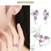 BISAER auténtico 925 Sterling flor de cerezo flor pendientes anillos mujeres conjuntos 925 joyería de plata WES096