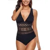 Kvinnor One Piece Baddräkt Stor storlek Sexig Solid Lace Mesh Hollow Out Siamese Badkläder Beachwear Maillot de Bain 2021 Ny