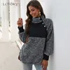 Loscky Bluza z długim rękawem Patchwork Kolor Fahsion Jesień Winter Pullover Black Ladies Pluszowe Ciepłe Topy Odzież 211120