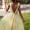 Kobiety Sukienka Deep V Neck Backless Sexy Es Bez Rękawów Wysoka Talia Duża Hem Party Es Fashion Yellow Maxi 210524