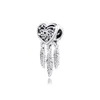 Charms Silver 100% Real 925 Sterling Silver Openwork Heart Three Feathers Dreamcatcher Charms Fit Bracelet Beads Silver jewelry Q0531