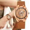 Women Wood Watch Creative Hollow Dial Wooden Watches Quartz Movement Black/Brown Ladies Genuine Leather Wristwatch Gifts 2019