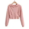 DEAT Loose Fit Short Solid Navel Sweatshirt Hoodies Long Sleeve Women Big Size Fashion Female Autumn 13T451 201203