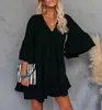 Casual Solid Donne Solid Delle Donne Abiti Sexy con scollo a V Flare Ruffles Tassel Primavera Autunno Ufficio Signora Dress Plus Size W152 210526