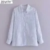 Zevity Women Fashion Striped Print Loose Smock Blouse Office Ladies Casual Breaded Business Shirts Chic Blusas Tops LS9322 210603