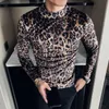 Men's T-Shirts Leopard Velvet T Shirt Men Long Sleeve Casual Slim Fit Tshirt Vintage Half Turtleneck Man Streetwear Club Tops Tees Clothing
