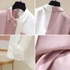 Korean Clothing Women's Tops and Blouses OL Style Loose Blouse Women Shirts POLO Collar Long Sleeve Patchwork Casual Pink 210604