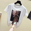 Korea White Camiseta Mulheres Roupas O-pescoço Verão Apliques De Manga Curta Vintage Tops Casuais Preto Camiseta Femme 210604