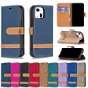 Étuis portefeuille en cuir en toile de tissu Jean pour iPhone 15 Pro MAX 14 Plus 13 Samsung M23 M33 M53 M32 A82 5G A22 Hybrid Hit Contrast Color Credit ID Card Slot Holder Flip Cover