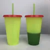 24oz 매직 컬러 컵 텀블러 플라스틱 뚜껑과 짚 캔디 색상 마시는 컵 마술 커피 잔 BPA
