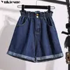 Sommar hög midja denim shorts kvinnor casual lösa damer mode rulla upp Hem elastiska jeans kvinnliga plus storlek S-5XL 210722