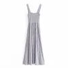 Za kvinnor lång randig sommar klänning bredband ärmlös vintage strand klänningar kvinna smocked elastisk blå pläterad klänning 210602