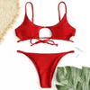 ZAFUL Sexy Bademode Krawatte Geflochtene Rippen Ausschnitt Bikini Set Badeanzug Gepolsterte Niedrige Taille Frauen Strand Tragen Sommer Neue Badeanzug 210316