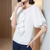 Summer White Chiffon Shirt Women Short Sleeve Ruffle Lace Hollow Out Cuff Ladies Back Buckle Tops Office 210601