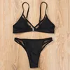 Sexy Bikini Set Mesh Patchwork Swimsuit Women Black Swimwear Push Up Halter Bandage Bathing Suit Low Waist Swimming