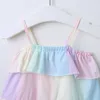 FocusNorm 0-4y Yaz Güzel Bebek Kız Elbise Gökkuşağı Baskı Ruffles Kolsuz Diz Boyu A-Line Sundress Q0716