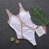 Kvinnors badkläder Kekaka Sexig naken se genom nät En bit Baddräkt Kvinnor 2021 Högt midja V-halsring Ruched Cutout Bodysuit