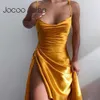 Jocoo Jolee women summer sexy satin pleated side slit straps solid color low-neck slim-fit suspender party club dress 210619