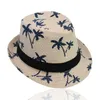 Stingy Brim Hats Adult Kids Summer Straw Weave Sun Hat Parent-Child Tropical Coconut Tree Printed Short Curly Retro Jazz Bucket Cap Wide