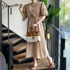 Yitimuceng Vintage Dresses for Women Cut Out Puff Sleeve Peter Pan Collar Unicolor Khaki White Sundress Summer Midi Dress 210601