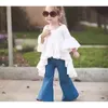 Détail Fille Vêtements D'été Ensembles Blanc Trois Quarts Robe + Denim Jeans 2 pcs Mode Tenues Enfants 1-6Y KQ173 210610