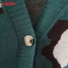 Tangada 여성 우아한 녹색 레오파드 카디건 빈티지 점퍼 레이디 패션 대형 니트 카디건 코트 3F31 211123