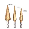 3 Pçs / set Step Cone Drill Bit Back Cutter HSS Set Titanium Revestido Ferramenta de Perfuração Hex Hex 3-12mm / 4-12mm / 4-20mm JK2102XB
