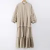 Casual Midi Dress Korean Style Stand Collar Medium Sleeve Solid Loose Temperament Fashion Summer Women's 2P1654 210526