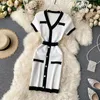 Novo design moda feminina retrô elegante patchwork manga curta decote em v vestido lápis de malha vestido curto bloco de cor