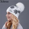 Xtre Reale Visone Pom Pom Lana Pelliccia di Coniglio Cappello Lavorato a Maglia Skullies Inverno per Le Donne Ragazze Berretti di Natale Neve 211228