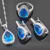 Earrings & Necklace 2021 Sky Blue Crystal Water Drop Women's Silver Color Jewelry Sets Pendant Rings QZ0356