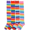 Socken Strumpfwaren Helisopus Regenbogenfarbe Lange Frauen Oberschenkelstrümpfe Halloween Strümpfe Sexy Kniehohe Streifen Party Lustig