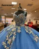 Светло-голубое шариковое платье Quinceanera платья кружева сладкое 16 платья выпускные платья с золотой аппликацией Vestido de 15 Anos