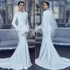 2022 vestidos de nupcial elegante O-pescoço manga comprida vestidos de noiva plissados ​​branco varredura de varredura sereia roubar de mariage vestidos noiva