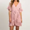Zomer chiffon jurk boho stijl strand mode korte mouw v-hals polka dot a-line party sundress vestidos 210607