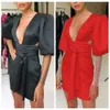 Ocstrade Weißes figurbetontes Kleid für Frauen 2021 Sommer Langarm-Partykleid Sexy tiefer V-Ausschnitt rückenfreies Nachtclub-Kleid Outfits Y0603