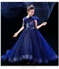 Blue Flower Girls Dresses For Weddings Princess Jewel Long Tail Lace Appliques Backless Sweep Train Little Kids First Holy Pageant Gowns 403