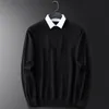 Men's Sweaters Men's Men Fake Two-piece Pullover Shirt Collar Sweater Oversized Knit Top Gray Black Faux Knitwear Knitted Long Sleeve