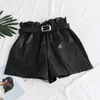 High Waist PU Leather Shorts Women Cool Punk Sashes Wide leg Spring Autumn Casual Loose Elastic 210719