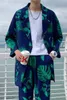 Oversize Loose 2021 New Style Leaf Green Printed Suits Blue Summer Korean Fashion Streetwear Modern Mens Clothing For Boyfriend X0909