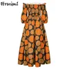Kadınlar için Afrika Elbiseler Moda Çiçek Baskı Slash Boyun Üç Çeyrek Kol Maxi Elbise Yüksek Bel Vintage Uzun Elbise Sonbahar 220118