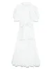 シックな弓のデザインの夏のドレス甘いパフ半袖プリーツのドレスの女性スタンドカラー包帯v​​estidos Mujer 210525