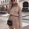 Autumn Winter Turtleneck Off Shoulder Knitted Sweater Dress Women Solid Slim Plus Size Long Pullovers Knitting Jumper Tops 210619