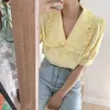 Surmiitro Summer Summer Sleeve Sleeve Shirt Femmes Coréen Style Jaune Volants Blanc Cheminée Chemisier Féminin Femelle 210712